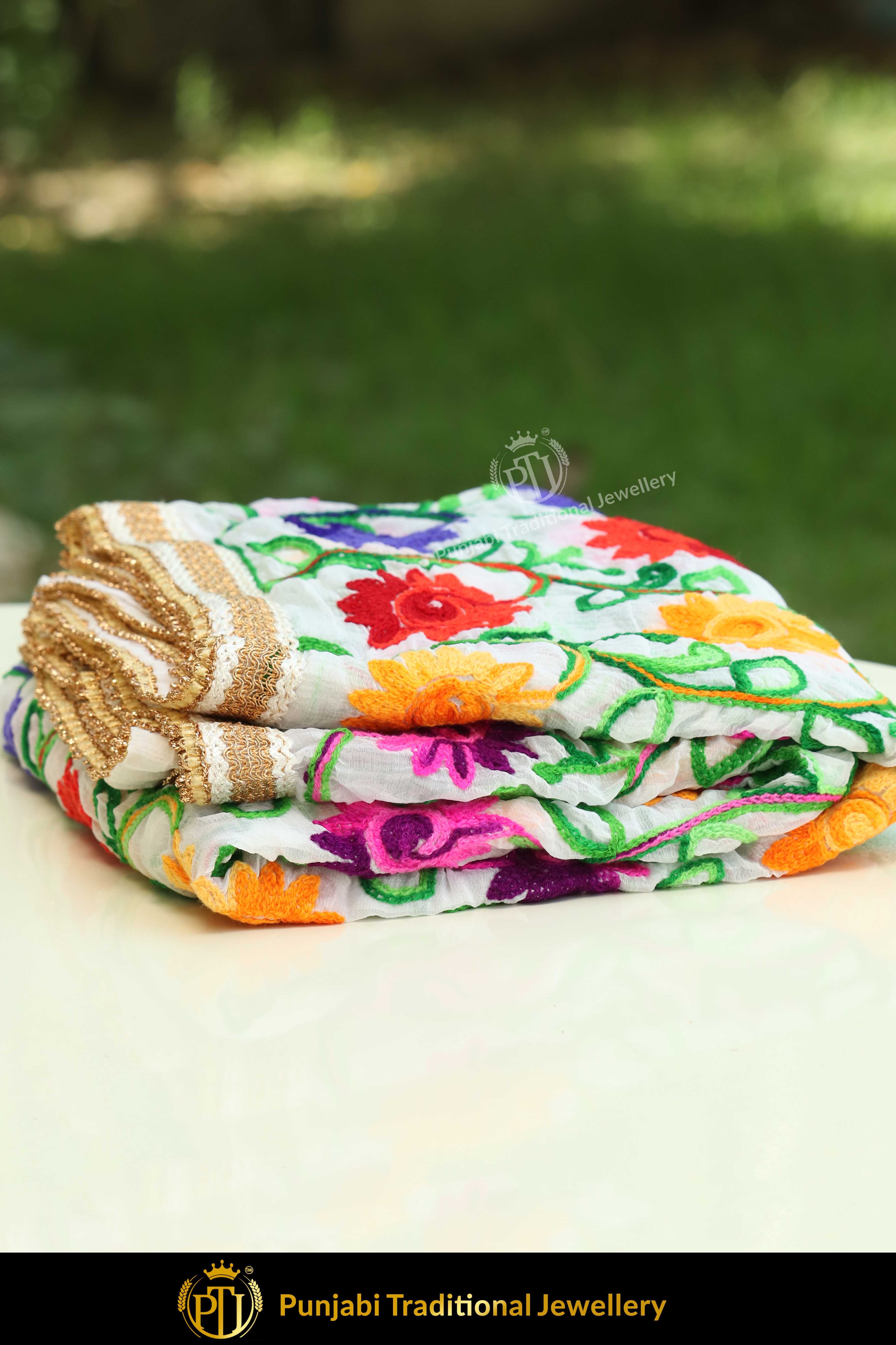 Green Color Pure Phulkari Dupatta By Punjabi Traditional Jewellery