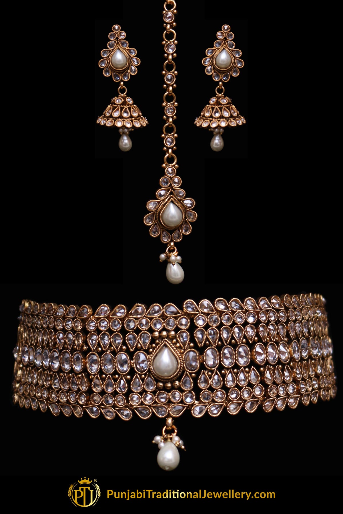 Qasid Polki Choker Necklace Set By Punjabi Traditional Jewellery