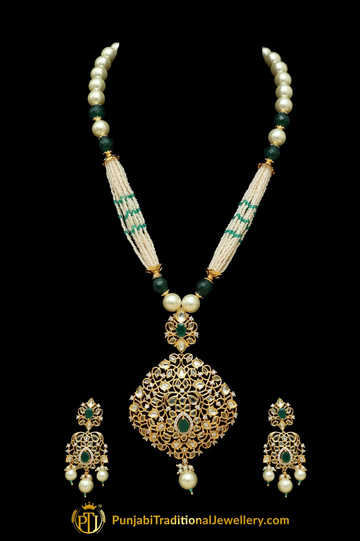 Green Pearl Kundan Matt Gold Necklace Set By Punjabi Taditional Jewellery