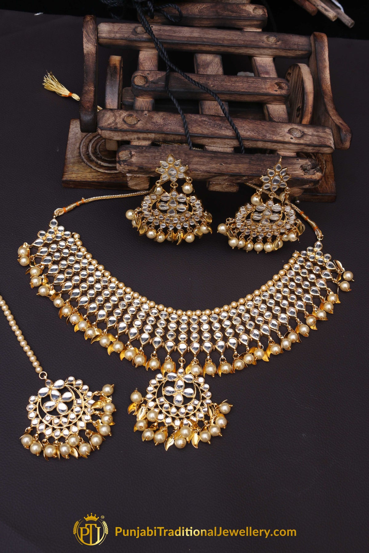 Golden Pearl Kundan Necklace Set Punjabi Traditional Jewellery