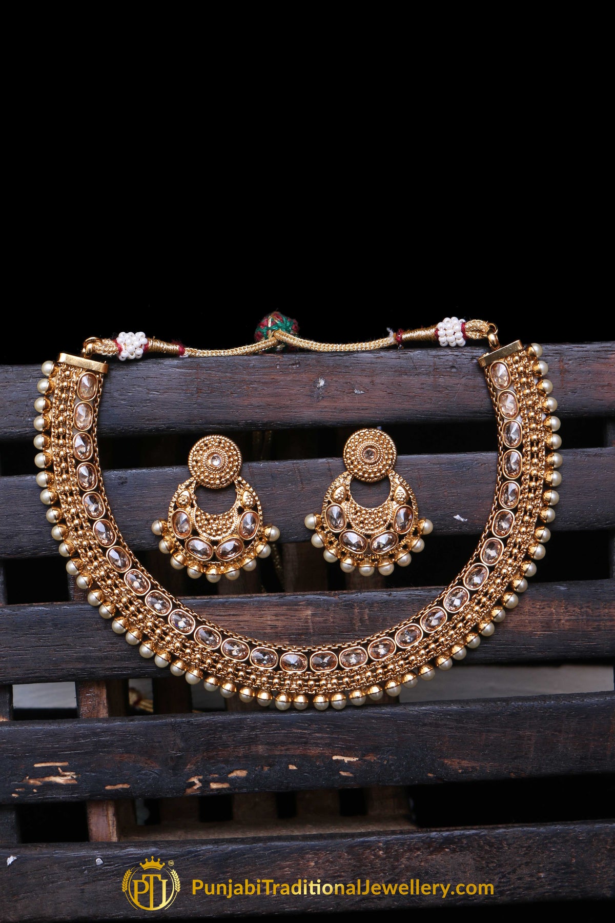 Pearl Polki Antique Gold Necklace Set By Punjabi Taditional Jewellery