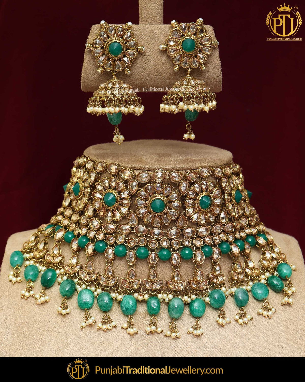Gold Finished Champagne Stone Emerald Choker Necklace Set | Punjabi Traditional Jewellery Exclusive