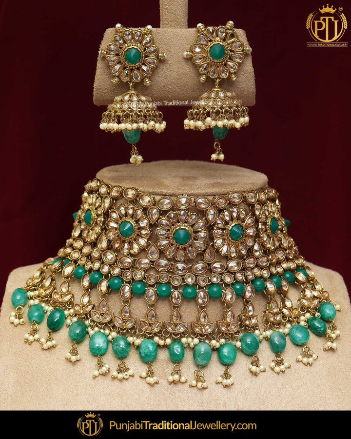 Gold Finished Champagne Stone Emerald Choker Necklace Set | Punjabi Traditional Jewellery Exclusive