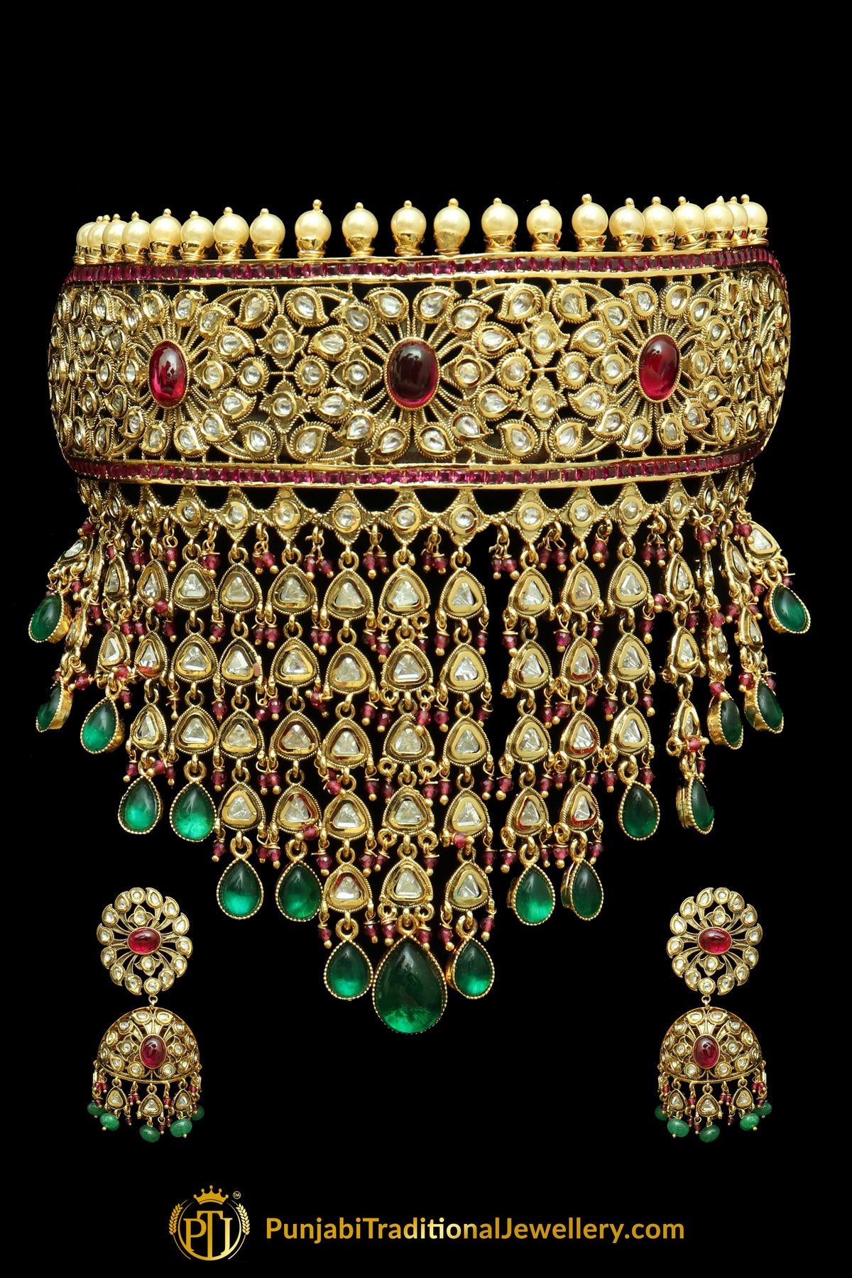 .Aha Green Red Kundan Choker Necklace Set By Punjabi Traditional Jewellery