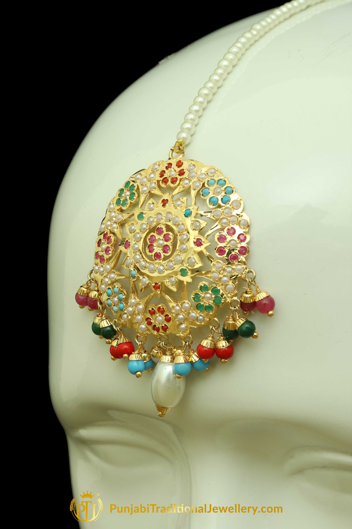 Gold Finished Navratan Jadau Earring Tikka Set By Punjabi Traditional Jewellery
