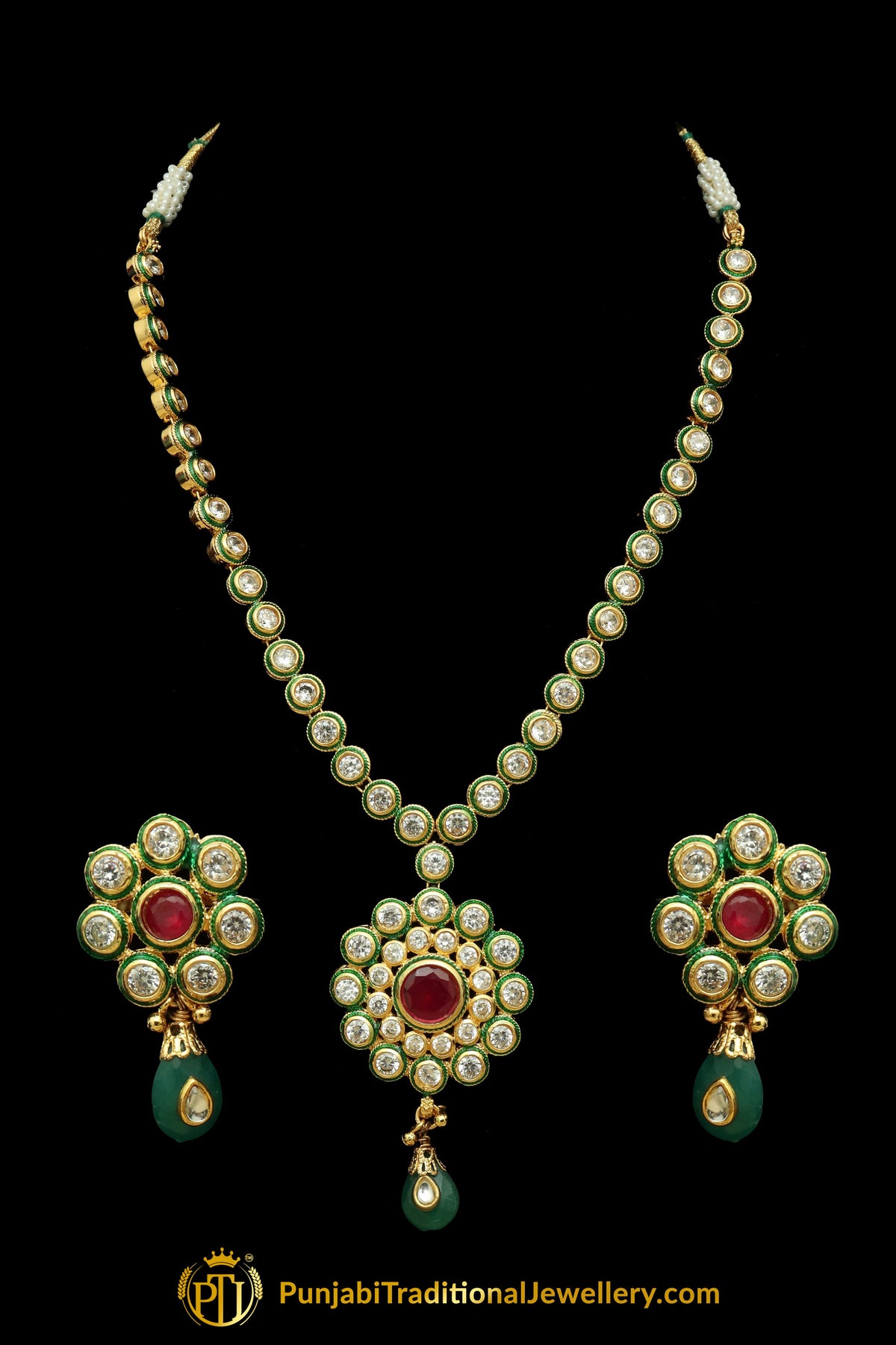 Red Color Green Polki Pearl Necklace Set By Punjabi Traditional Jewellery