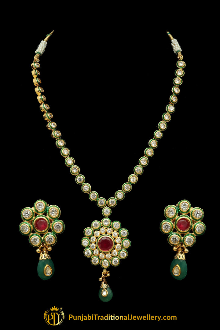 Red Color Green Polki Pearl Necklace Set By Punjabi Traditional Jewellery
