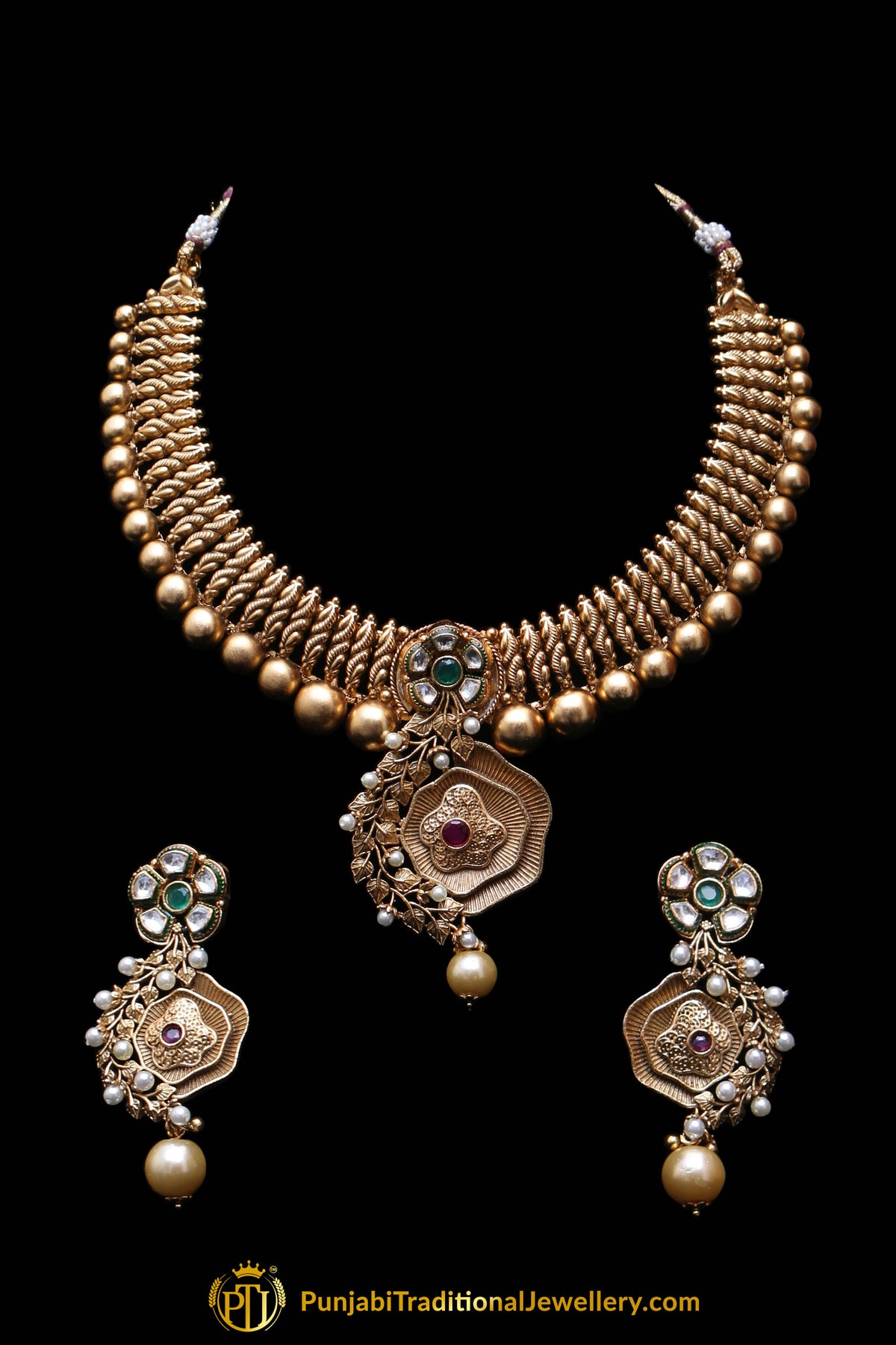 Red Green Antique Gold Necklace Set By Punjabi Traditional Jewellery