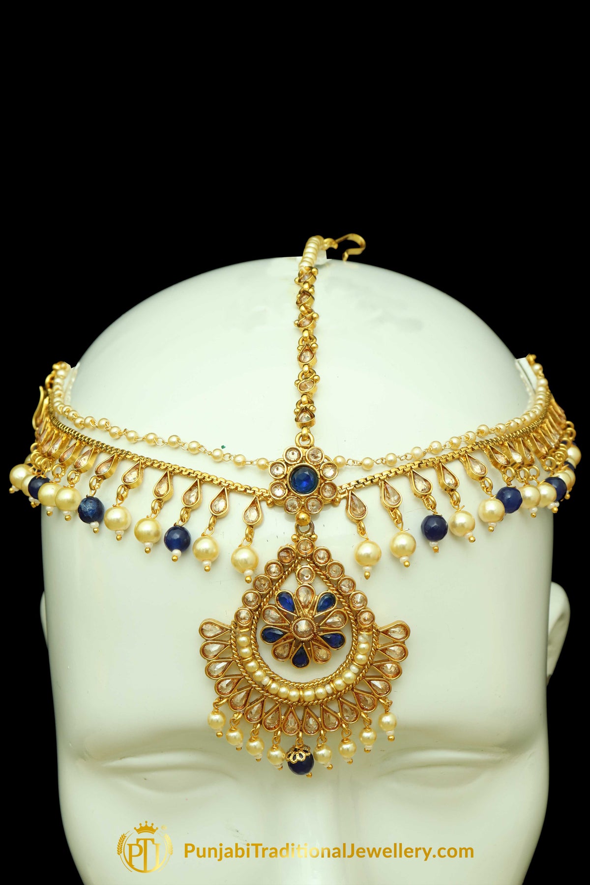 Blue Polki Matha Patti Earrings By Punjabi Traditional Jewellery
