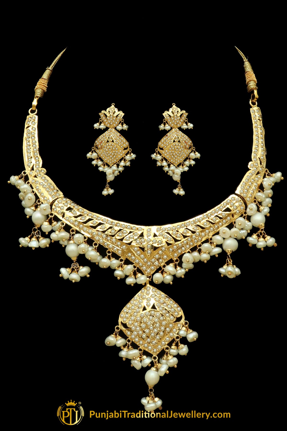 Golden Jadau Pearl Necklace Set By Punjabi Traditional Jewellery