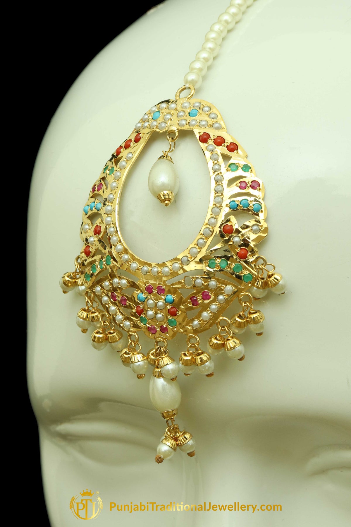 Gold Finished Navratan Jadau Earring Tikka Set By Punjabi Traditional Jewellery