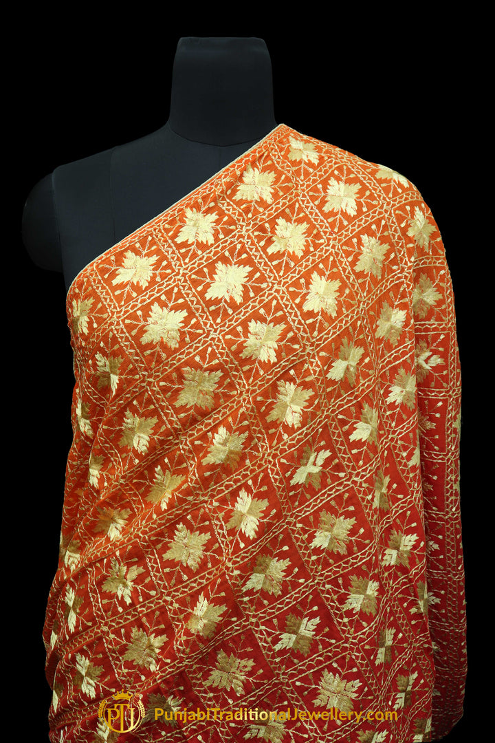 Pure Phulkari Dupatta Orange Color By Punjabi Traditional Jewellery