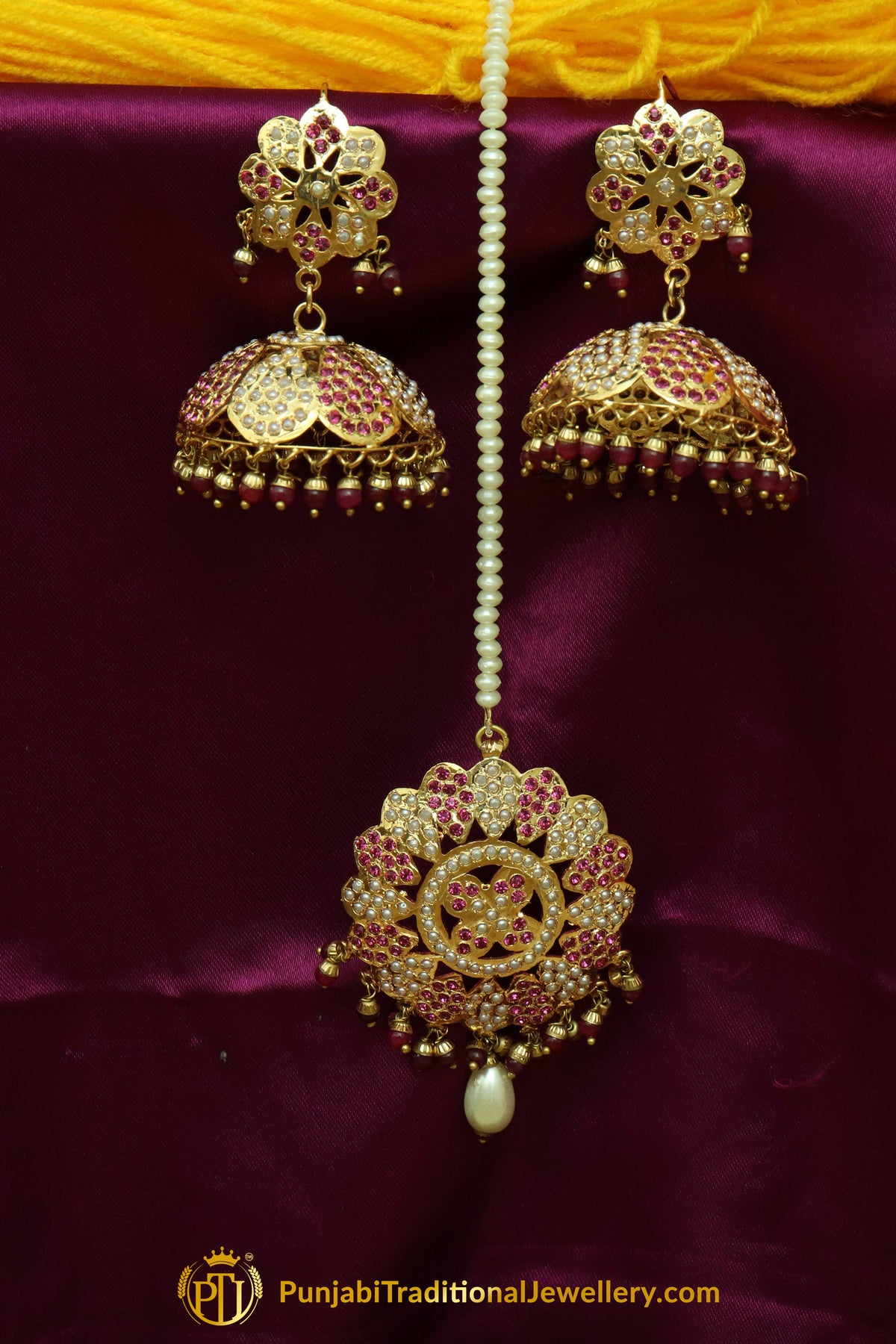 Pink Jadau & Jhumki With Tikka Earring Tikka Set By Punjabi Traditional Jewellery Earrings