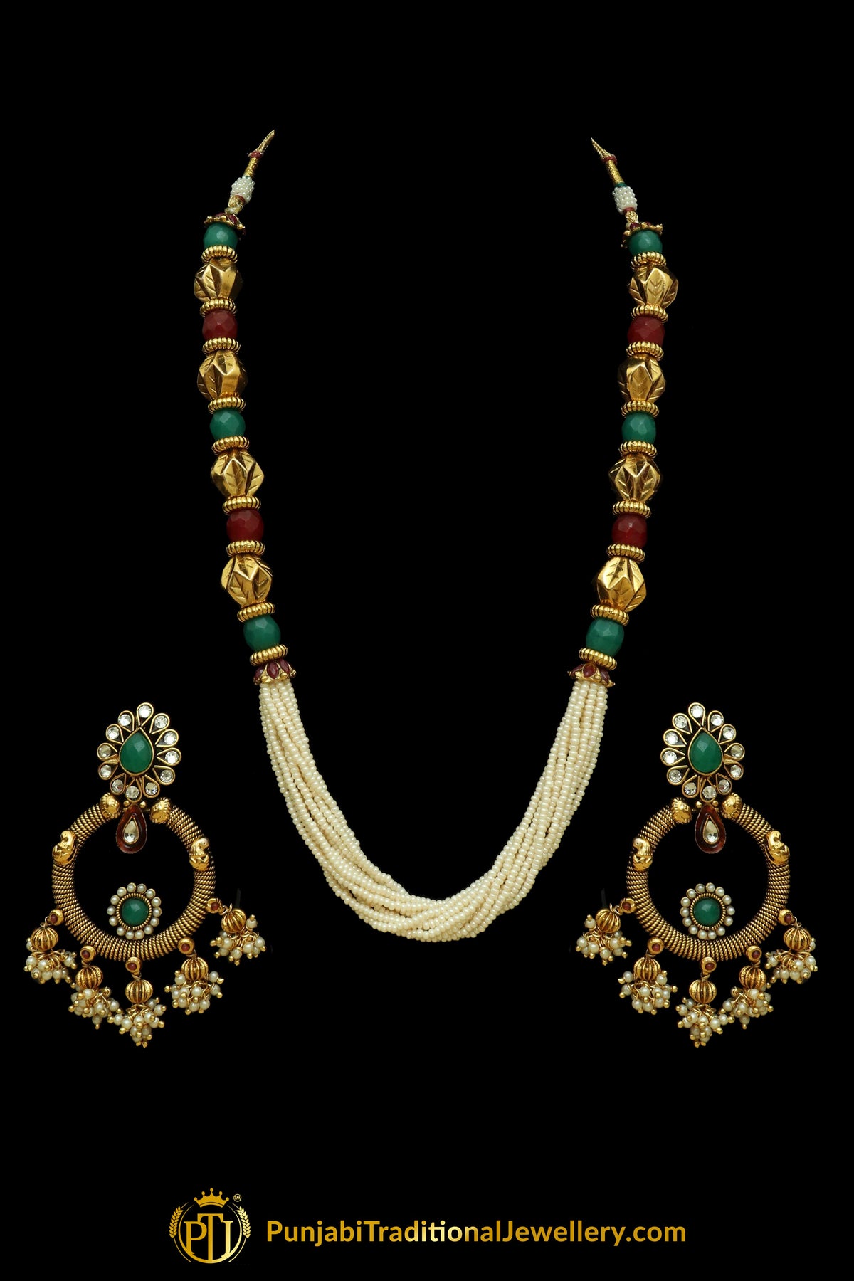 Rubby Panna Pearl Jodha Mala Necklace Set By Punjabi Traditional Jewellery