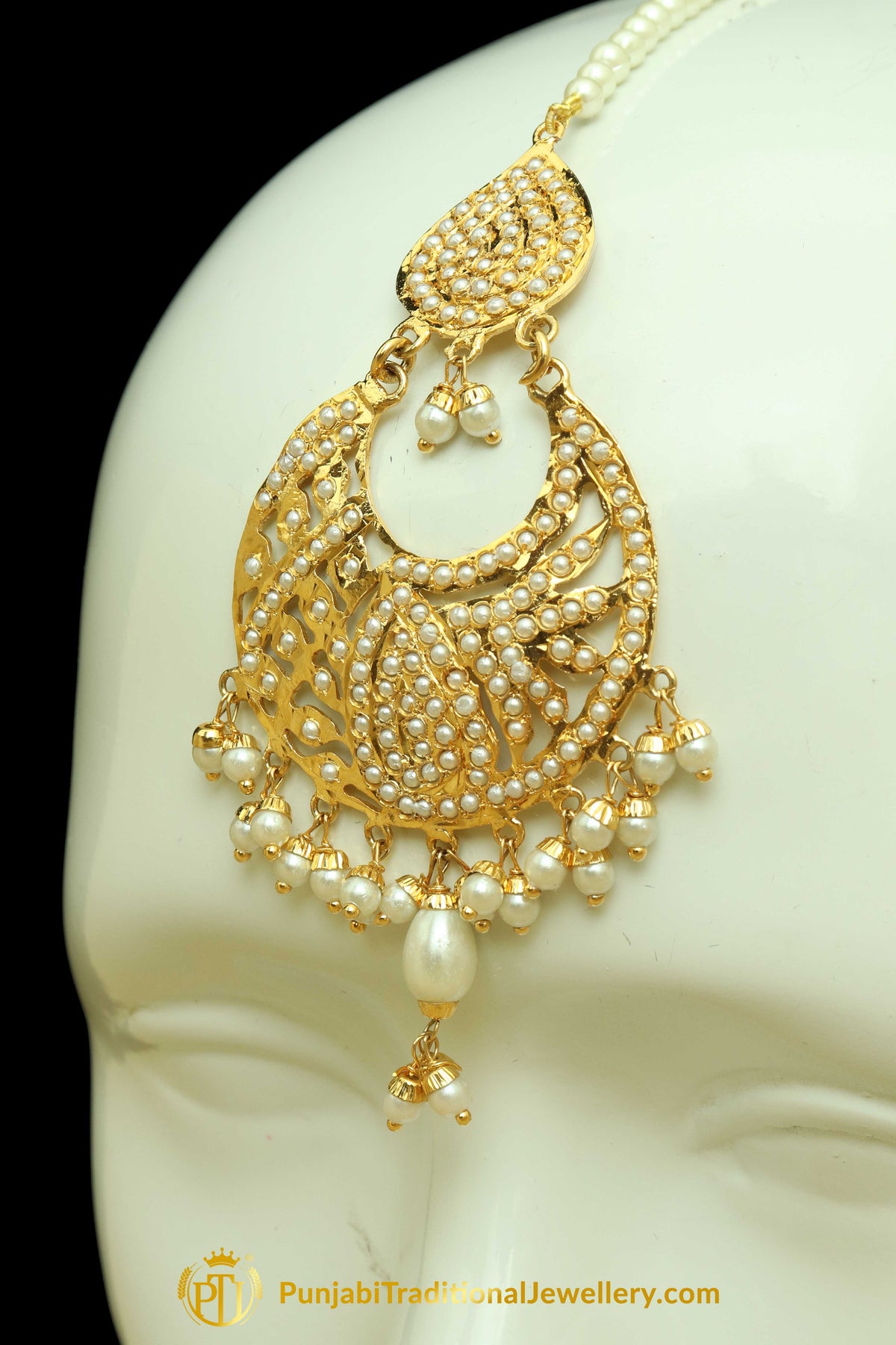 Golden Jadau Pearl Earring Tikka Set By Punjabi Traditional Jewellery