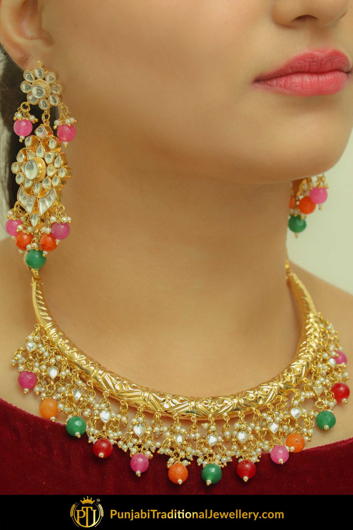 Hayrah Gold Finished Navratan Hasli Necklace & Earrings | Punjabi Traditional Jewellery Exclusive