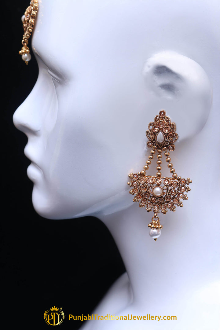 Champagne Stone Earring Tikka Set By Punjabi Traditional Jewellery