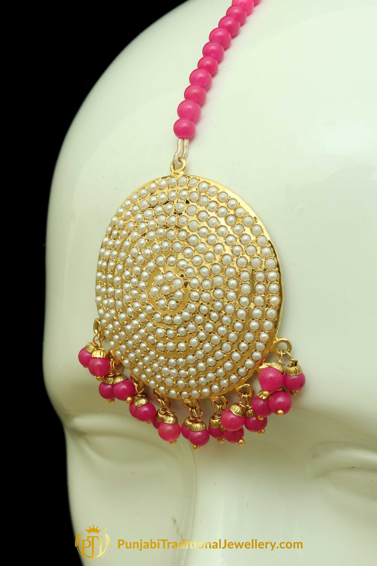 Pink Jadau Pearl Jhumar Earrings & Tikka Set By Punjabi Traditional Jewellery