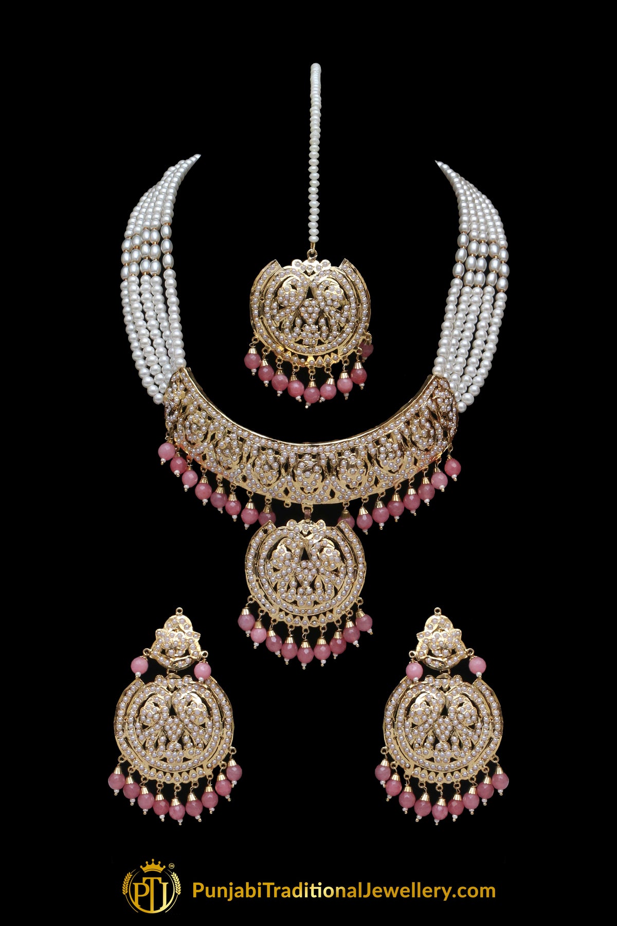 Peach Pearl Jadau Choker Necklace Set By Punjabi Traditional Jewellery