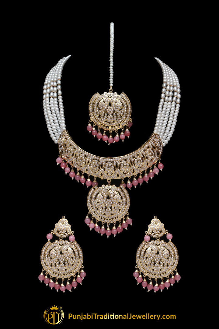 Peach Pearl Jadau Choker Necklace Set By Punjabi Traditional Jewellery