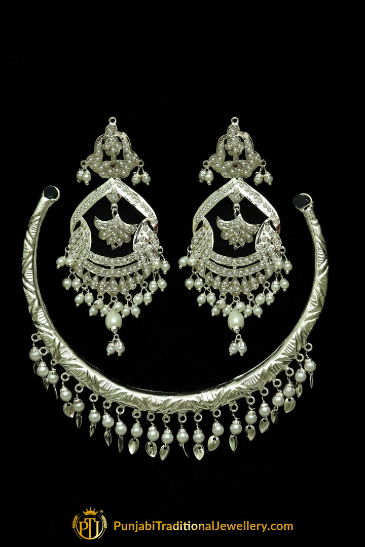 Silver Finished Pearl Pippal Patti Hasli Set By Punjabi Traditional Jewellery