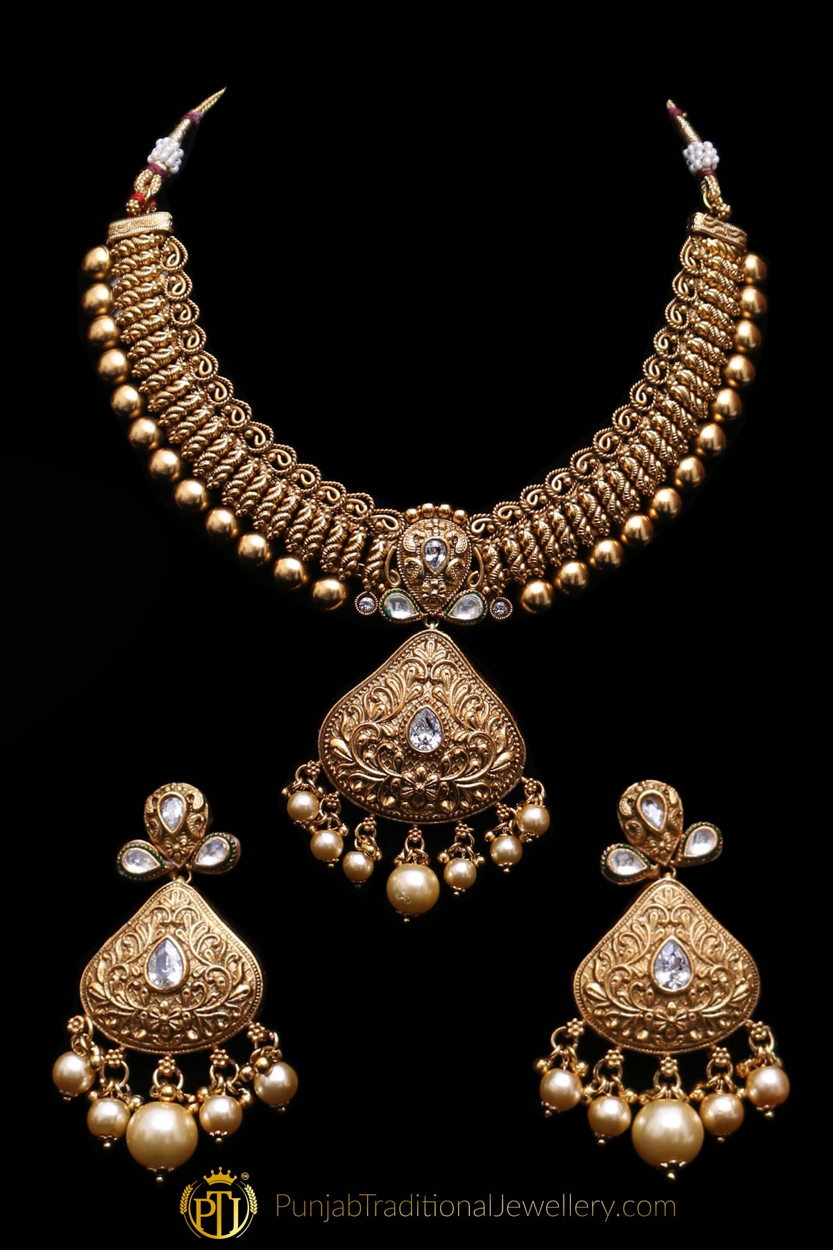 White Pearl Antique Gold Necklace Set By Punjabi Traditional Jewellery