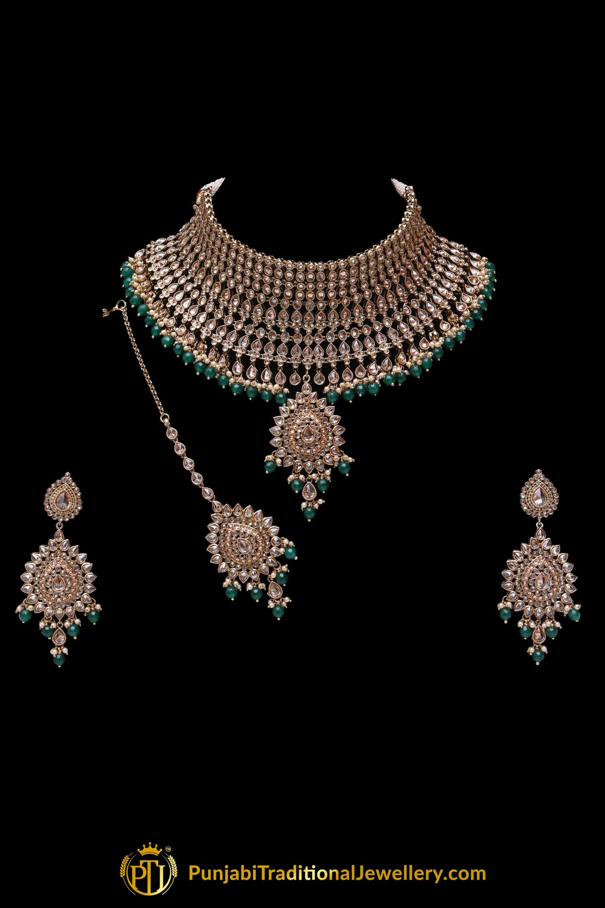 Green Champagne Stone Necklace Set By Punjabi Traditional Jewellery
