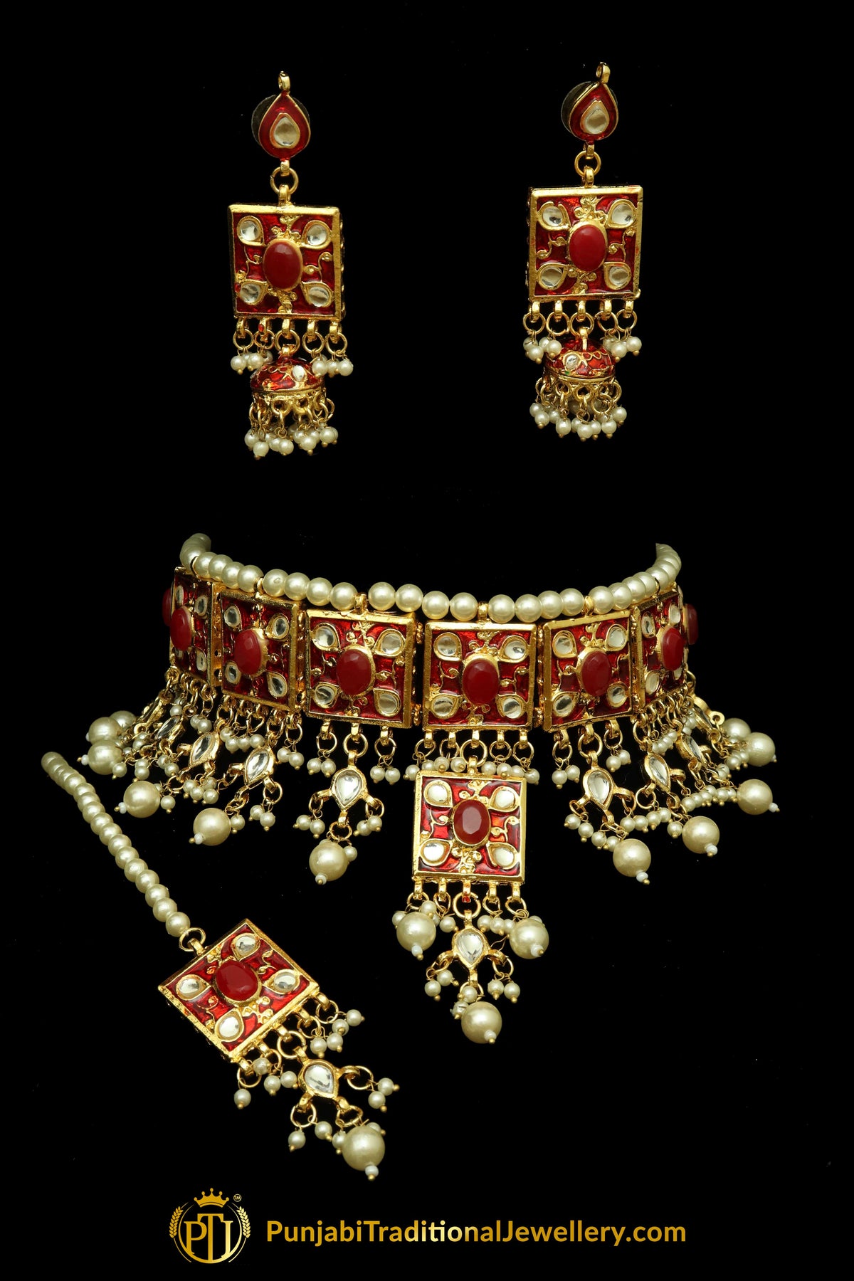 Rubby Meena Kundan Pearl Choker Necklace Set By Punjabi Traditional Jewellery