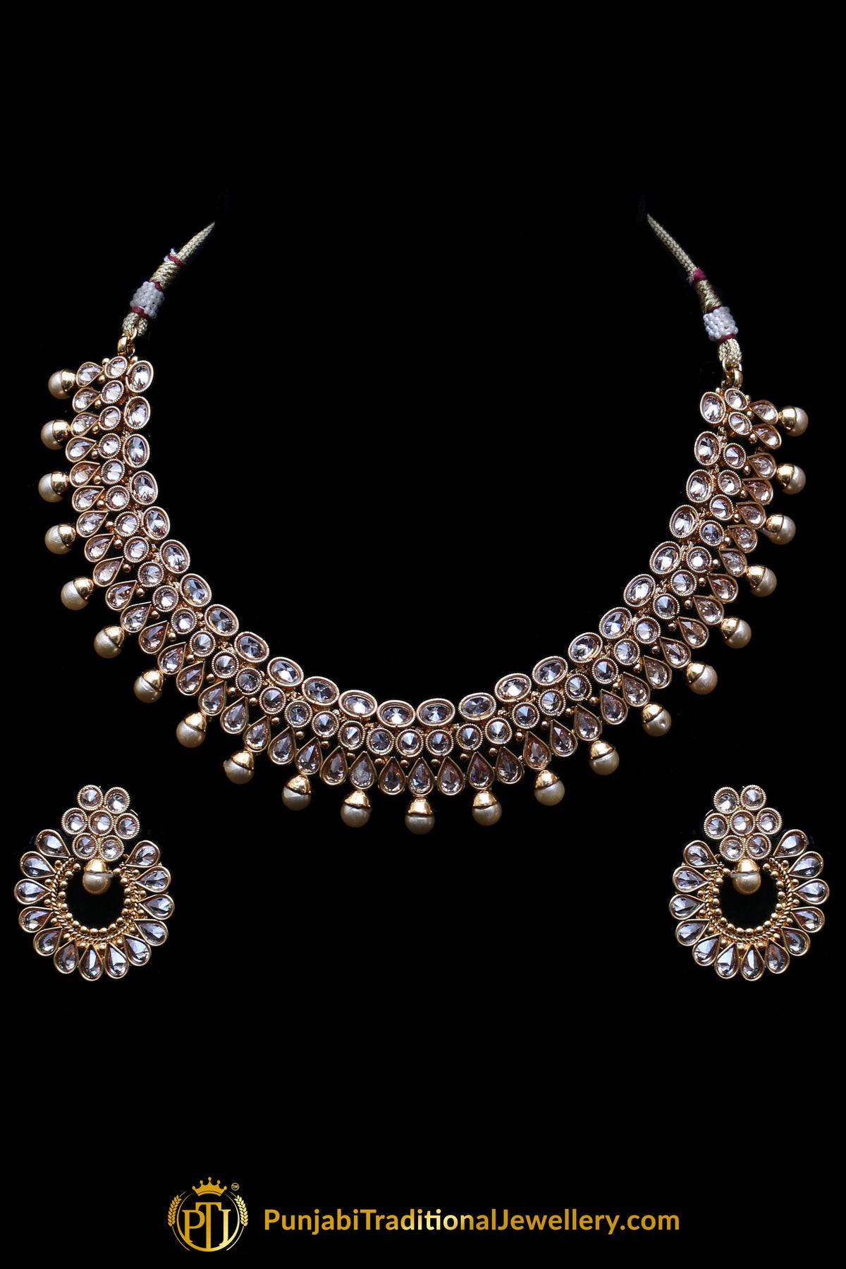 Golden White Pearl Polki Necklace Set By Punjabi Traditional Jewellery