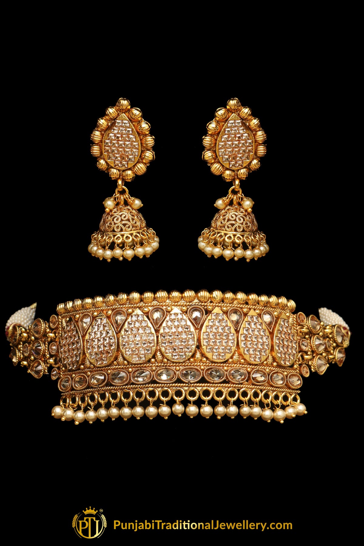 Pearl Champagne Stone Jhumki Necklace Set By Punjabi Taditional Jewellery