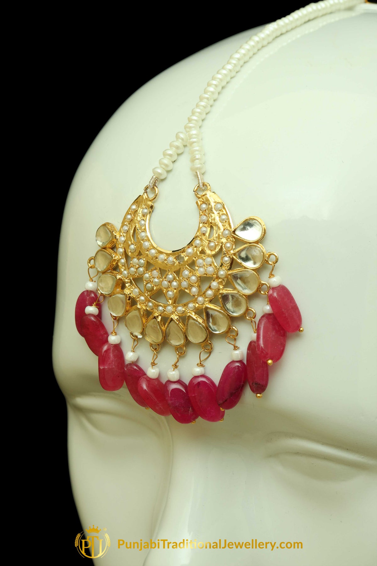Maroon Jadau Earrings Tikka Set By Punjabi Traditional Jewellery