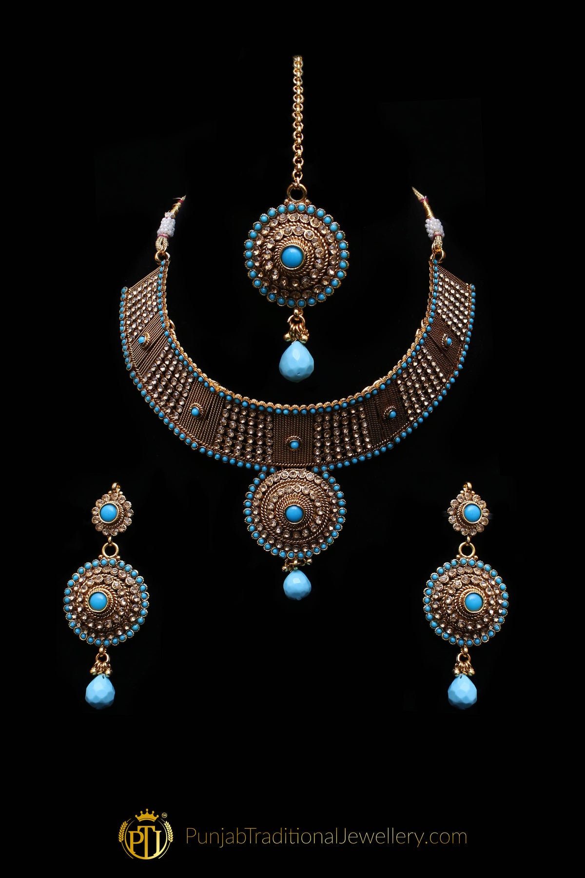 Gold Plated Firozi Champagne Stone Choker Necklace Set By Punjabi Traditional Jewellery