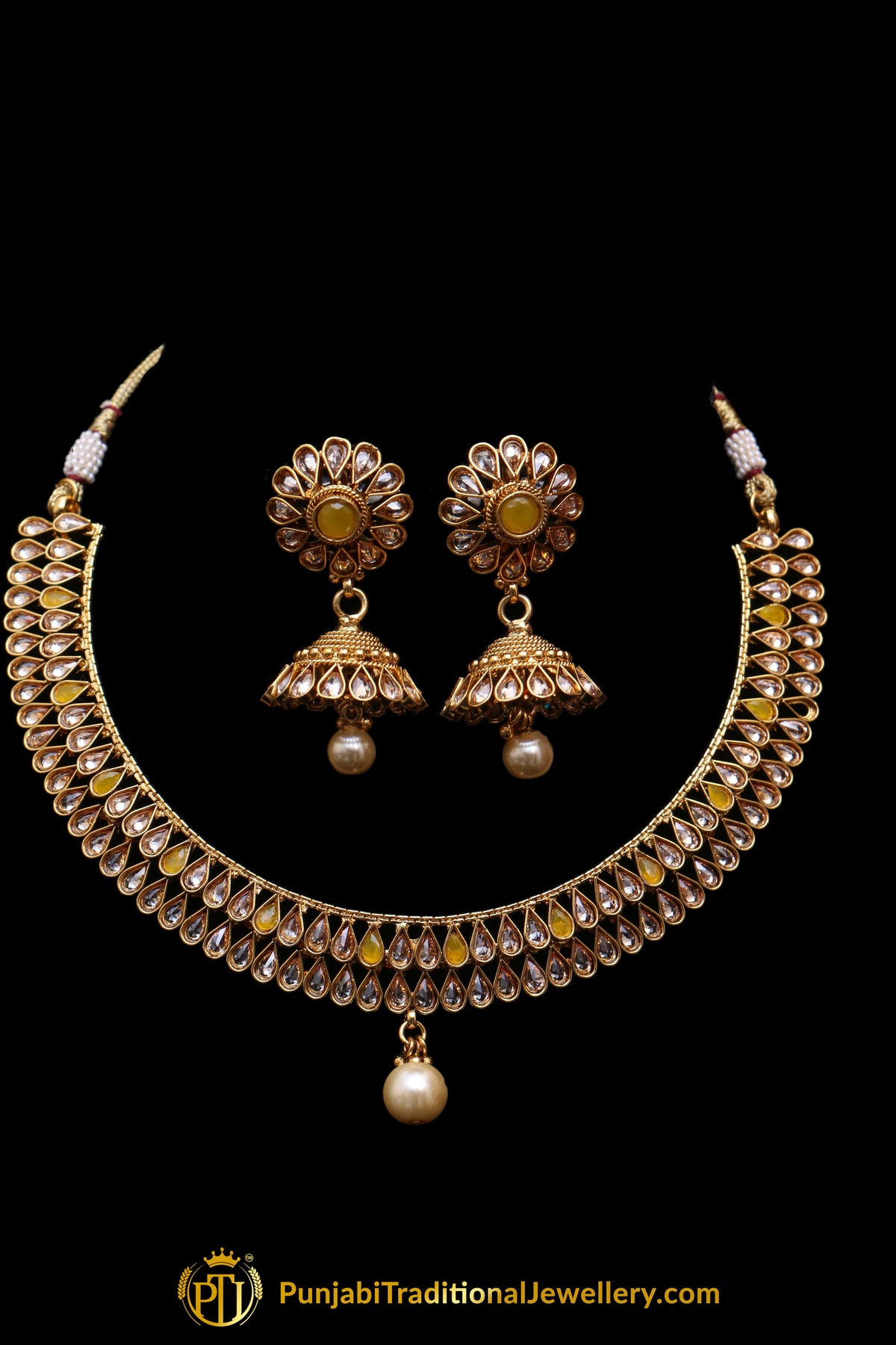 Yellow Polki Necklace Set By Punjabi Traditional Jewellery