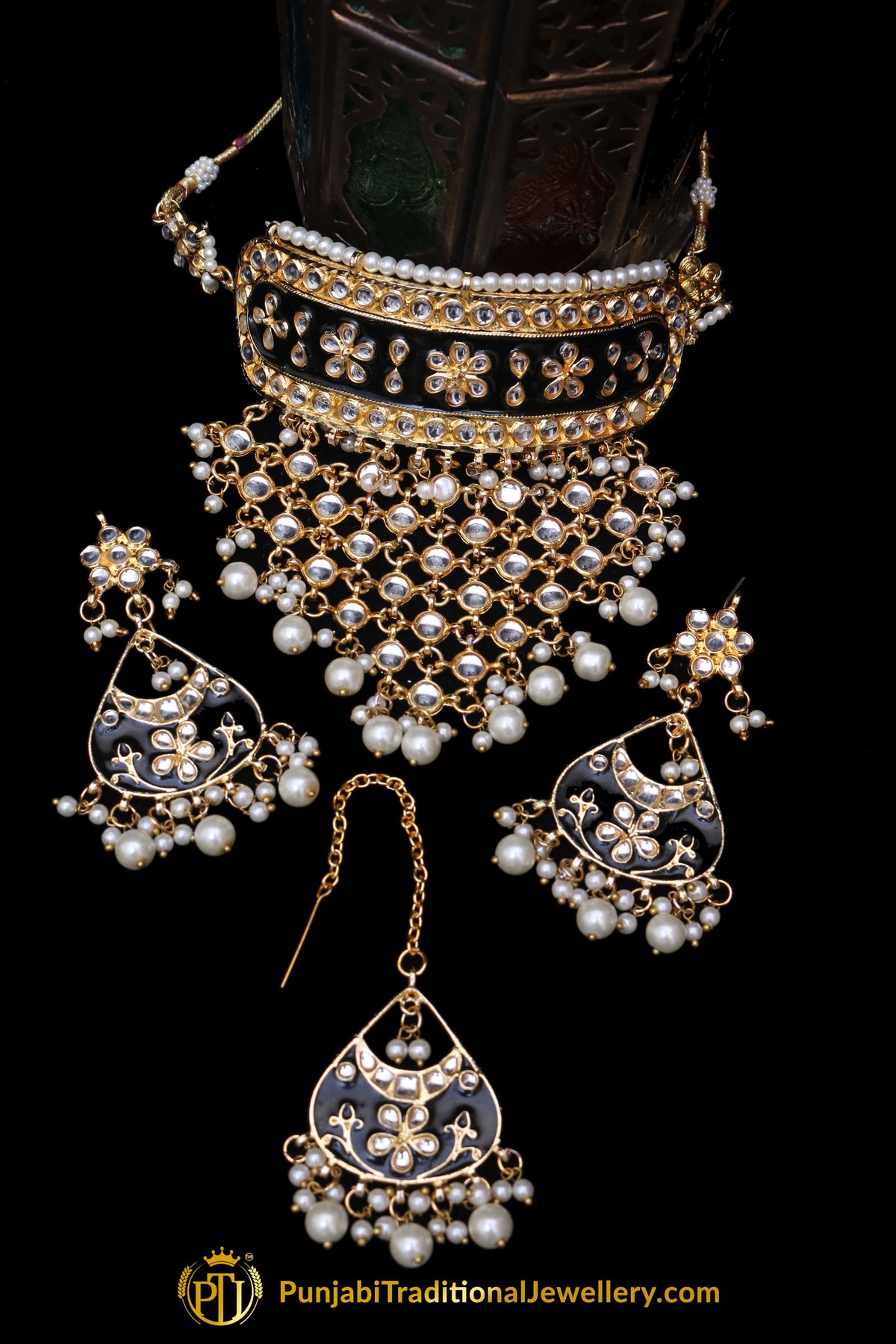 Blue Choker Pearl Kundan Meena Necklace Set By Punjabi Traditional Jewellery
