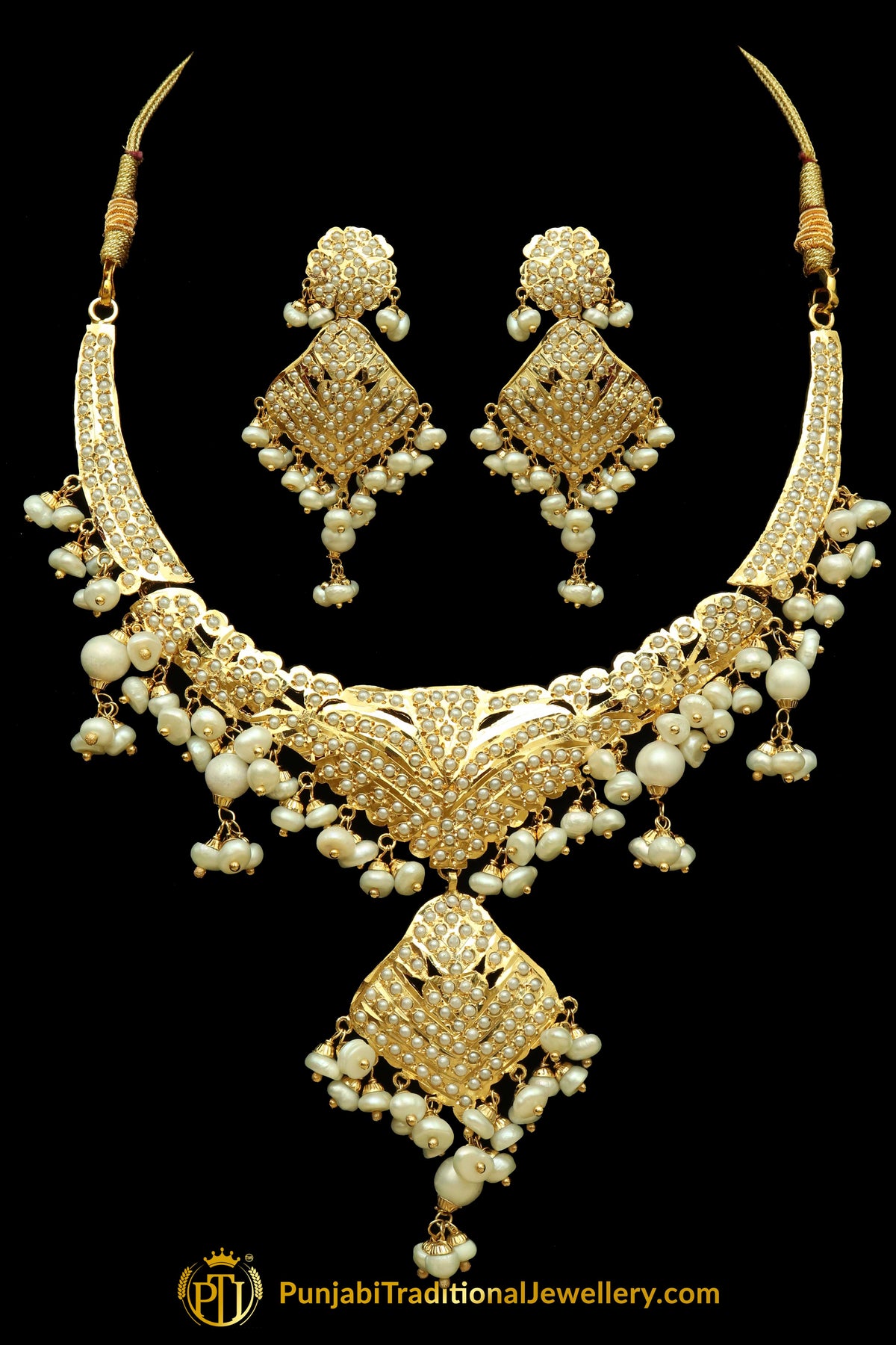 Golden Jadau Pearl Necklace Set By Punjabi Traditional Jewellery