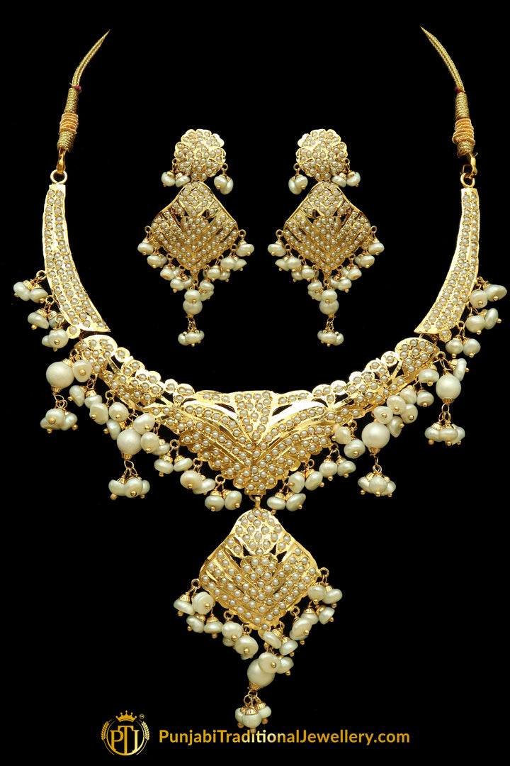 Golden Jadau Pearl Necklace Set By Punjabi Traditional Jewellery