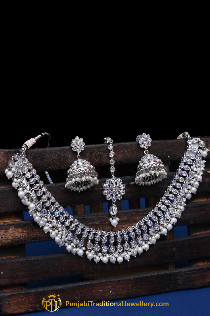 Silver Polki Pearl Necklace Set By Punjabi Traditional Jewellery
