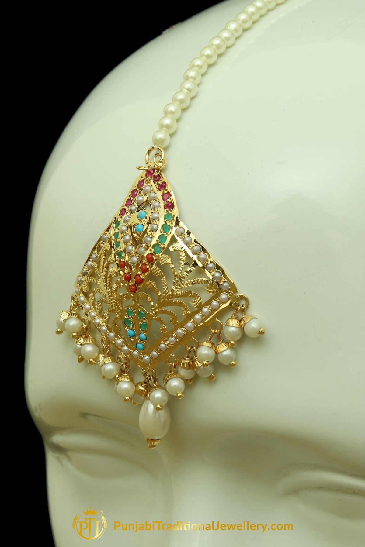 Gold Finished Navratan Jadau Earring Tikka Set By Punjabi Traditional Jewellery