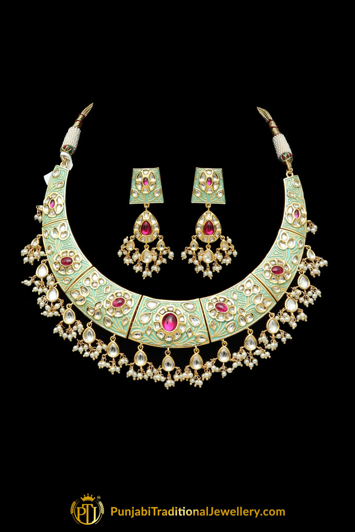 Green Red Kundan Necklace Set By Punjabi Taditional Jewellery