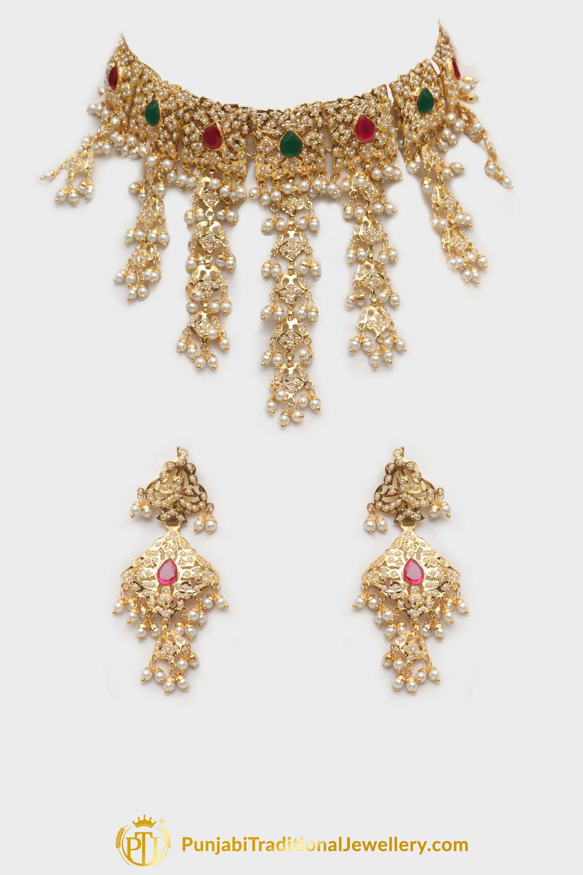 Ruby Emerald Jadau Necklace Set By Punjabi Taditional Jewellery