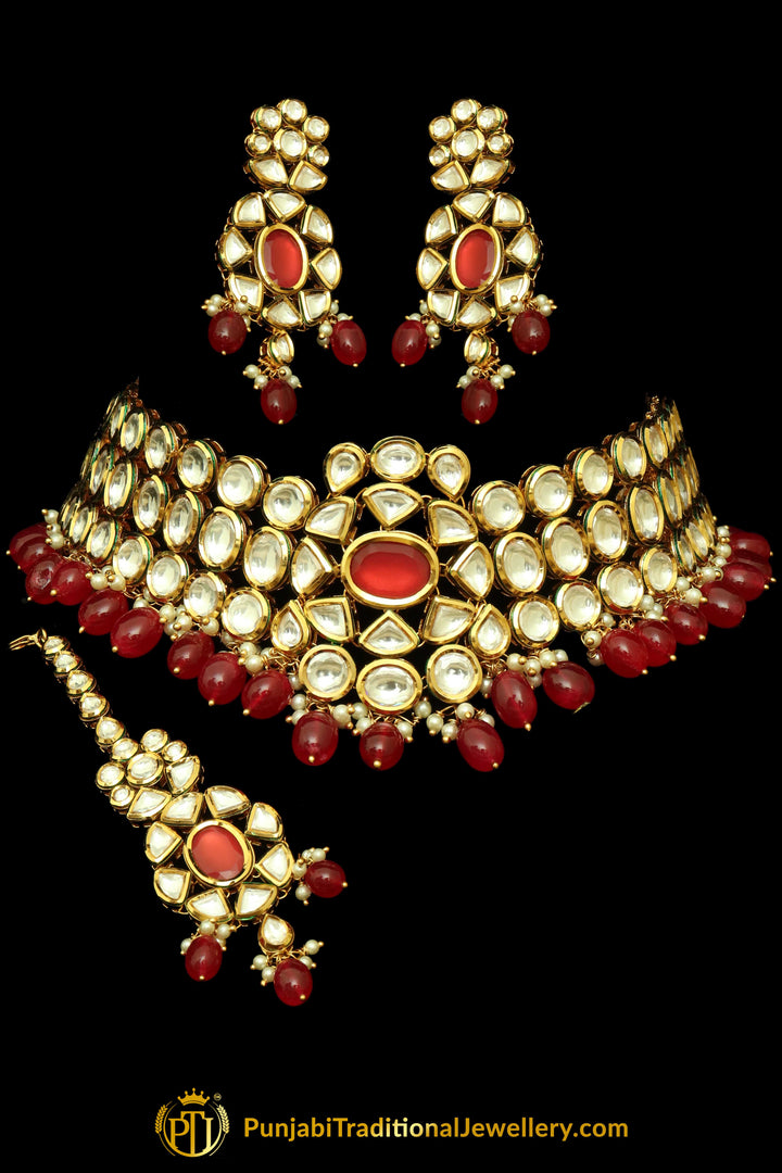 Red Kundan & Pearl Choker Necklace Set By Punjabi Traditional Jewellery