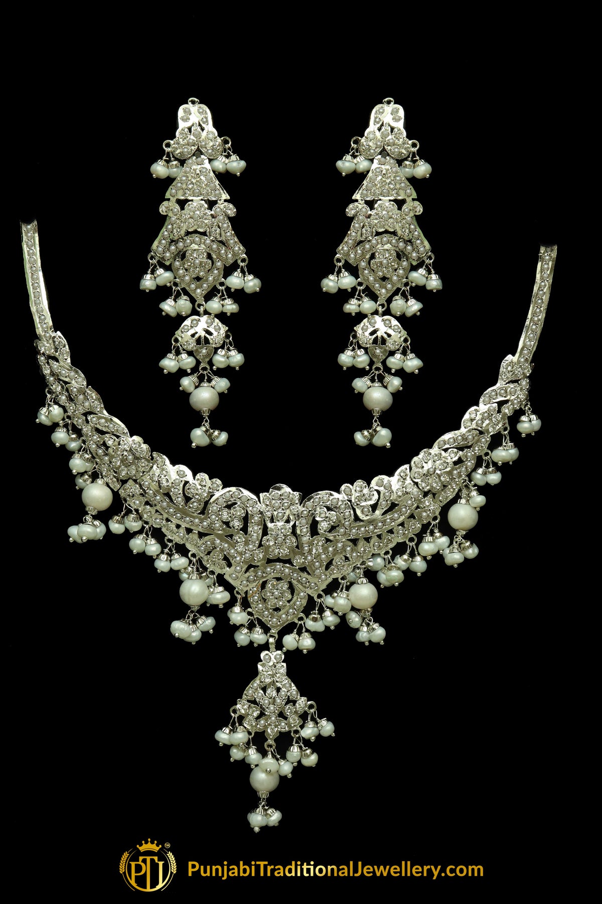 Silver Finished Pearl Jadau Necklace Set By Punjabi Traditional Jewellery