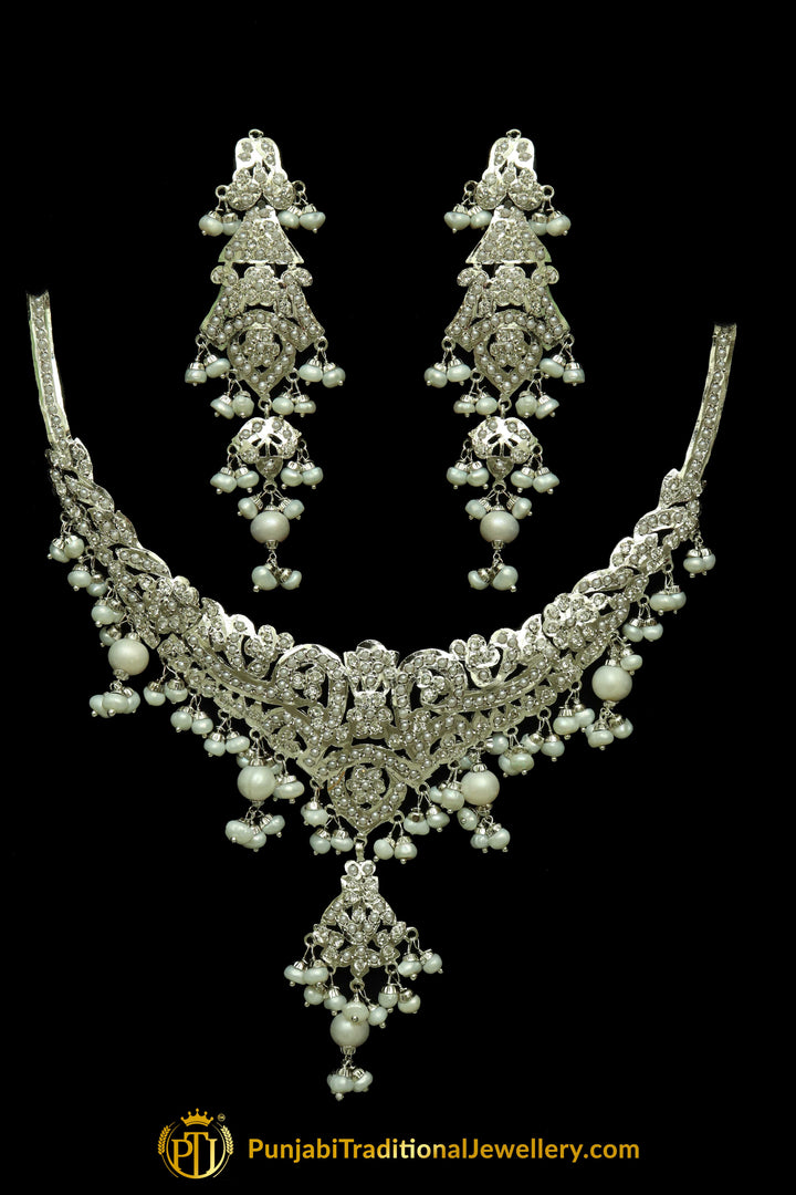 Silver Finished Pearl Jadau Necklace Set By Punjabi Traditional Jewellery