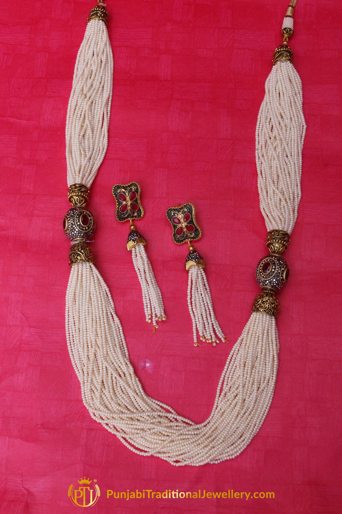 Red White Mala Necklace Set By Punjabi Traditional Jewellery