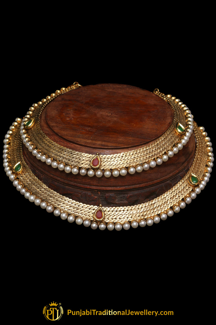 Red &  Green Antique Gold, Polki Payal By Punjabi Traditional Jewellery