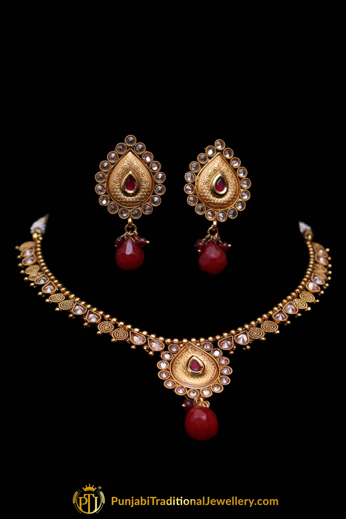 Golden Rubby Polki Necklace Set By Punjabi Traditional Jewellery