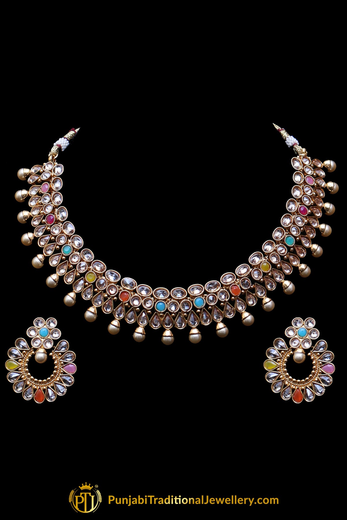 Multi Polki Pearl Necklace Set By Punjabi Taditional Jewellery