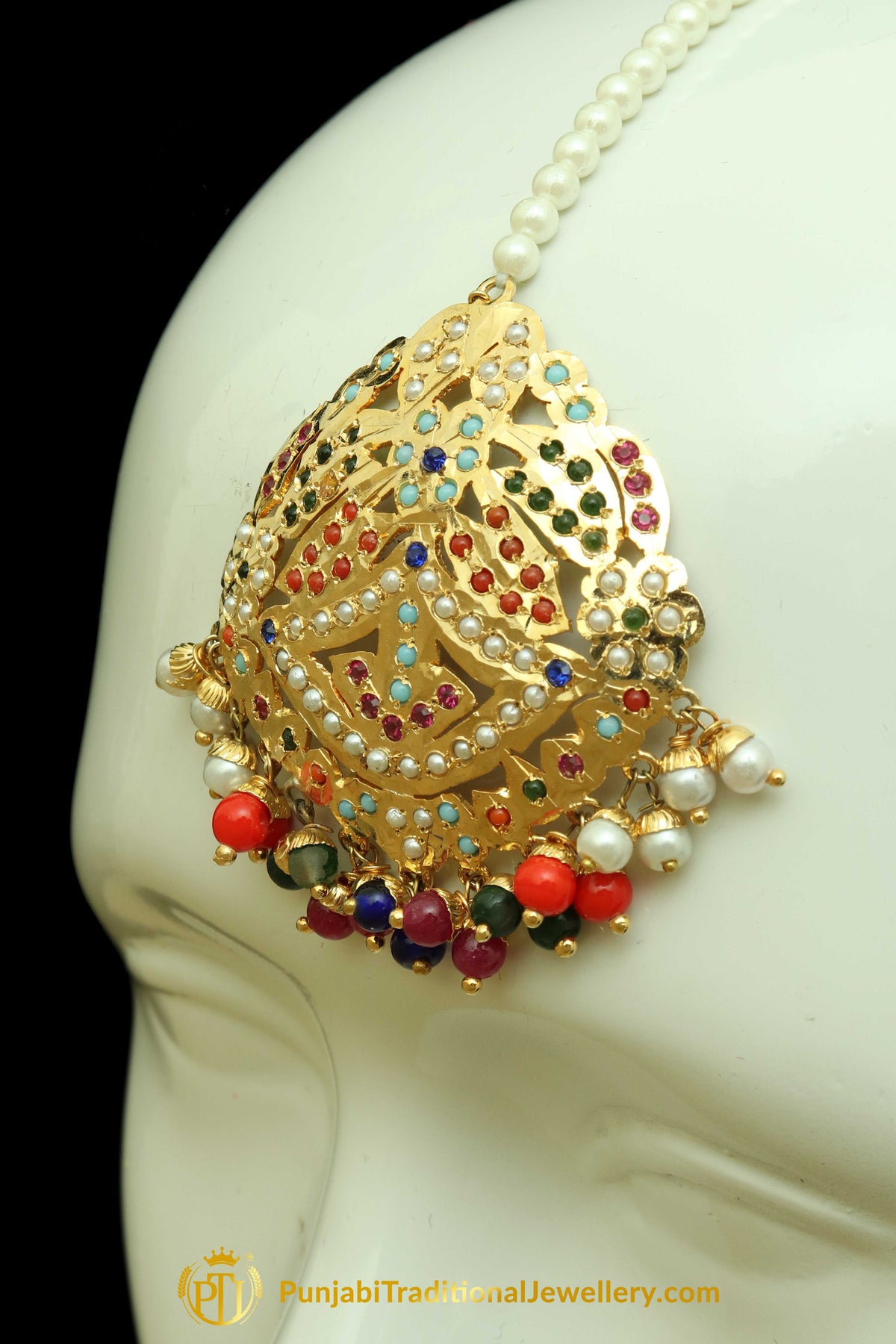 Multi Jadau Pearl Earring Tikka Set By Punjabi Traditional Jewellery