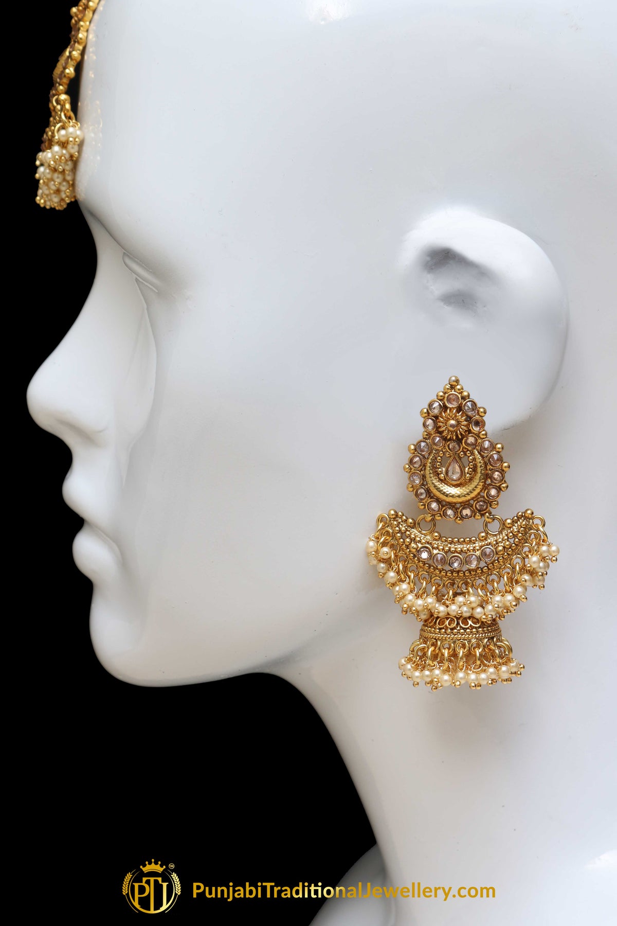 Antique Gold Champagne Stone Pearl Earring Tikka Set By Punjabi Traditional Jewellery