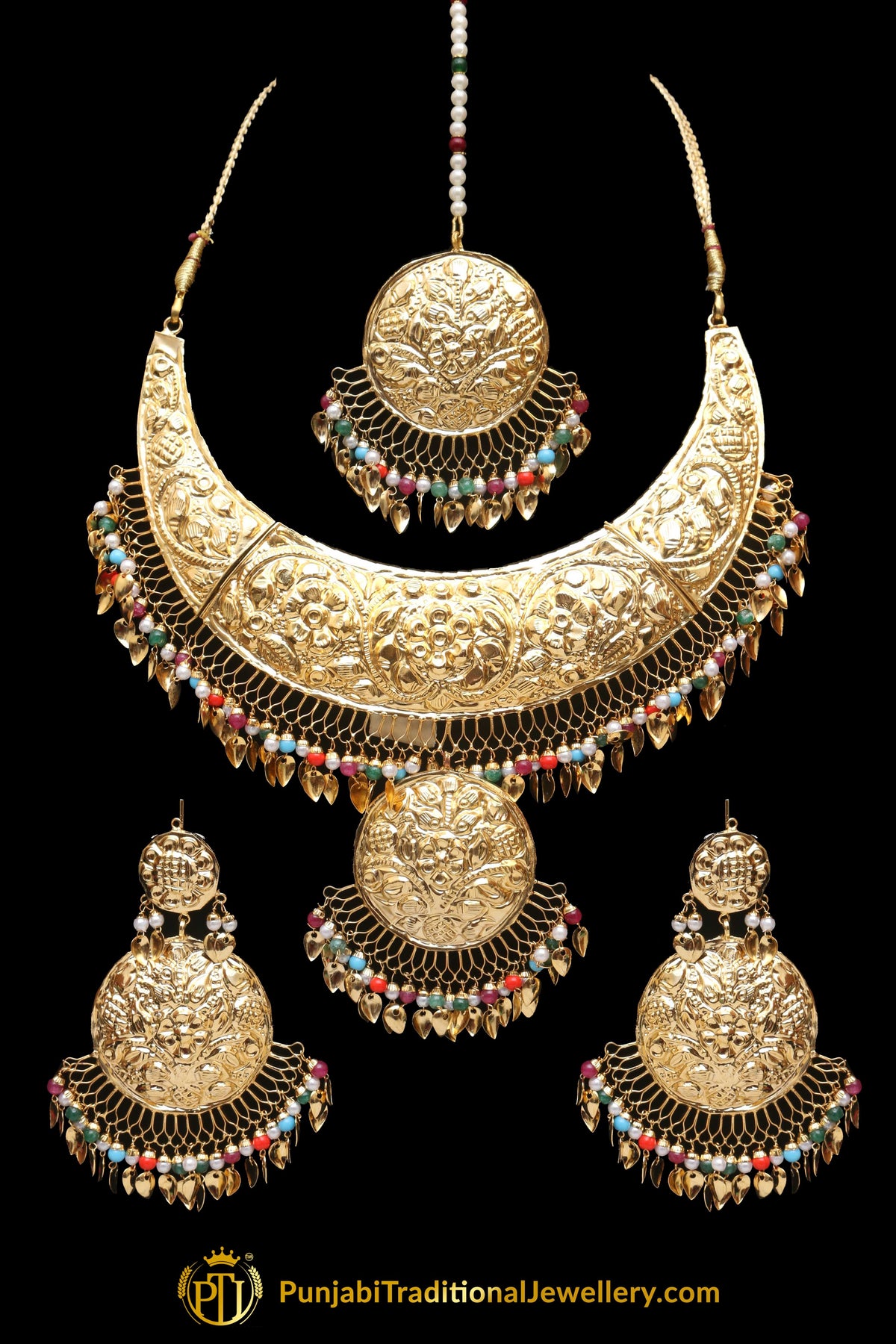 Multi Gold Plated Pippal Patti Necklace Set By Punjabi Traditional Jewellery